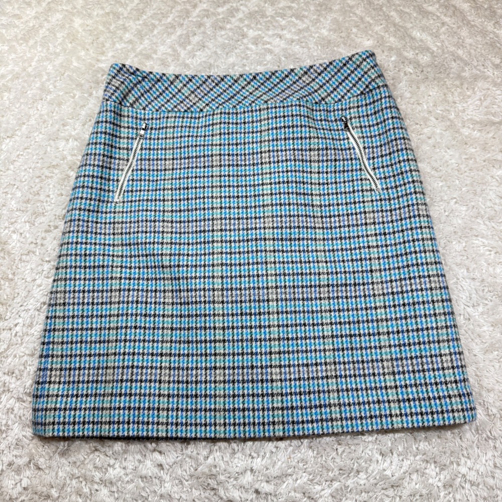 Talbots Women's Plaid Tweed Mini Skirt 8 Blue Black Academia Prepy Career Retro